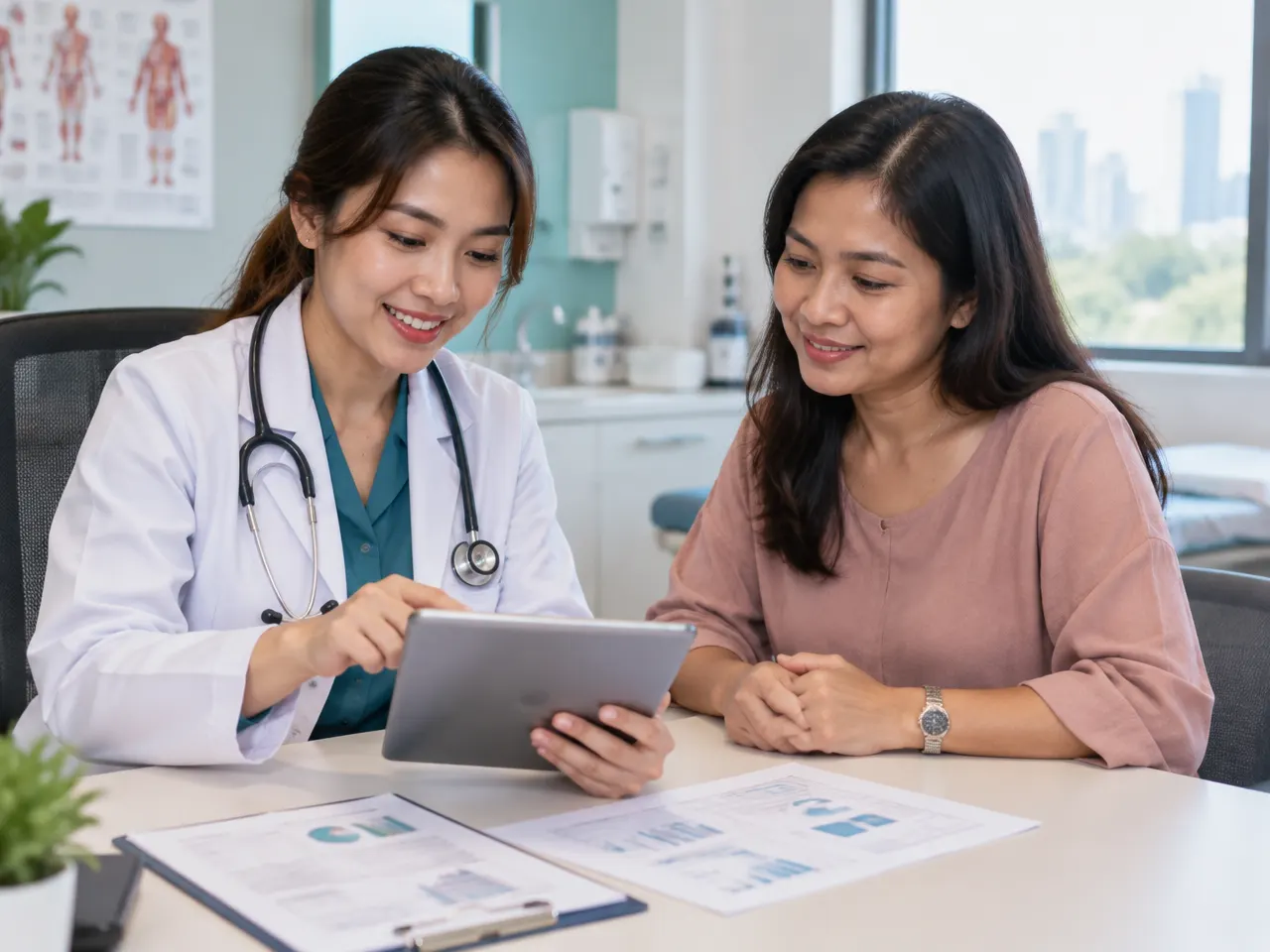 UNI Klinik doctor warmly reviewing preventive health screening results with a patient